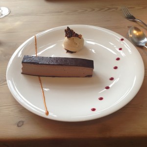 Chocolate and praline bar with miso salted caramel ice cream.